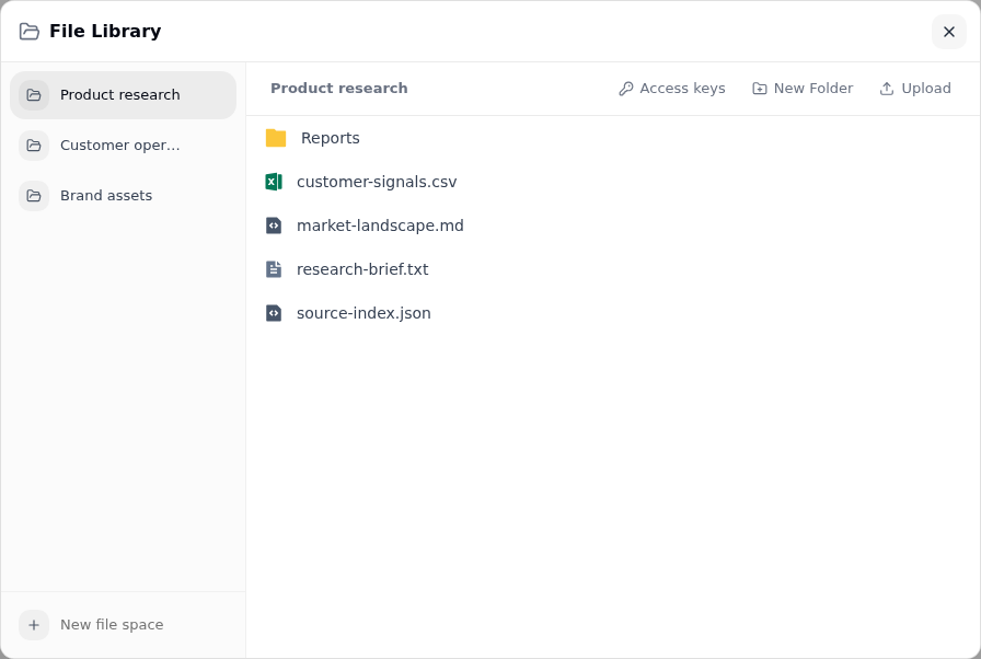 File Library interface with file-space navigation, folders, and files