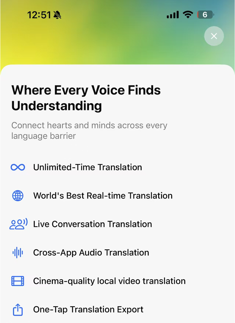 Transly feature overview screen